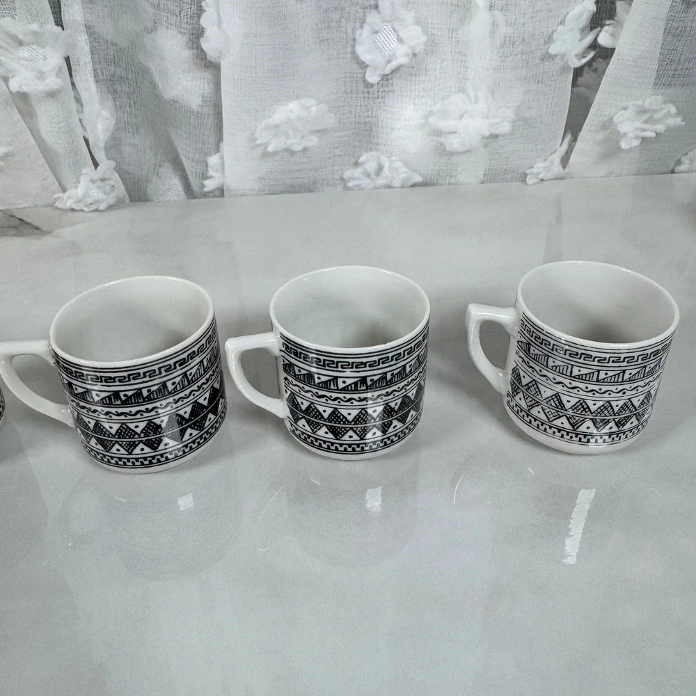 Vintage Greek Black and White Demitasse Cups and Saucers Set Greek Key Parthenon